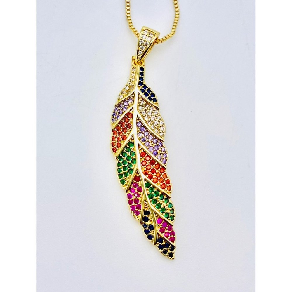 Feather rainbow pave CZ pendant necklace